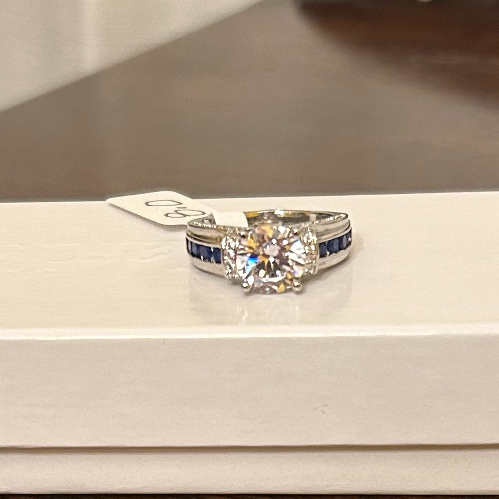 Size 8 Sapphire & Diamond CZ Silver Tone Women's Ring